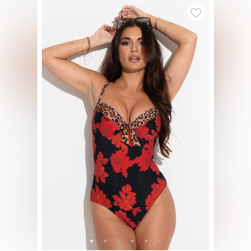 Pour Moi St Lucia Red Floral & Leopard Print Underwire Swimsuit Sz 38I NWT
